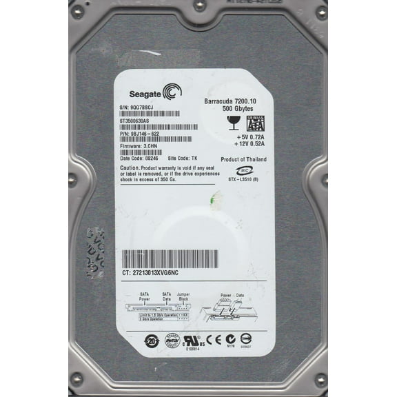 ST3500630AS, 9QG, TK, PN 9BJ146-622, FW 3.CHN, Seagate 500GB SATA 3.5 Hard Drive