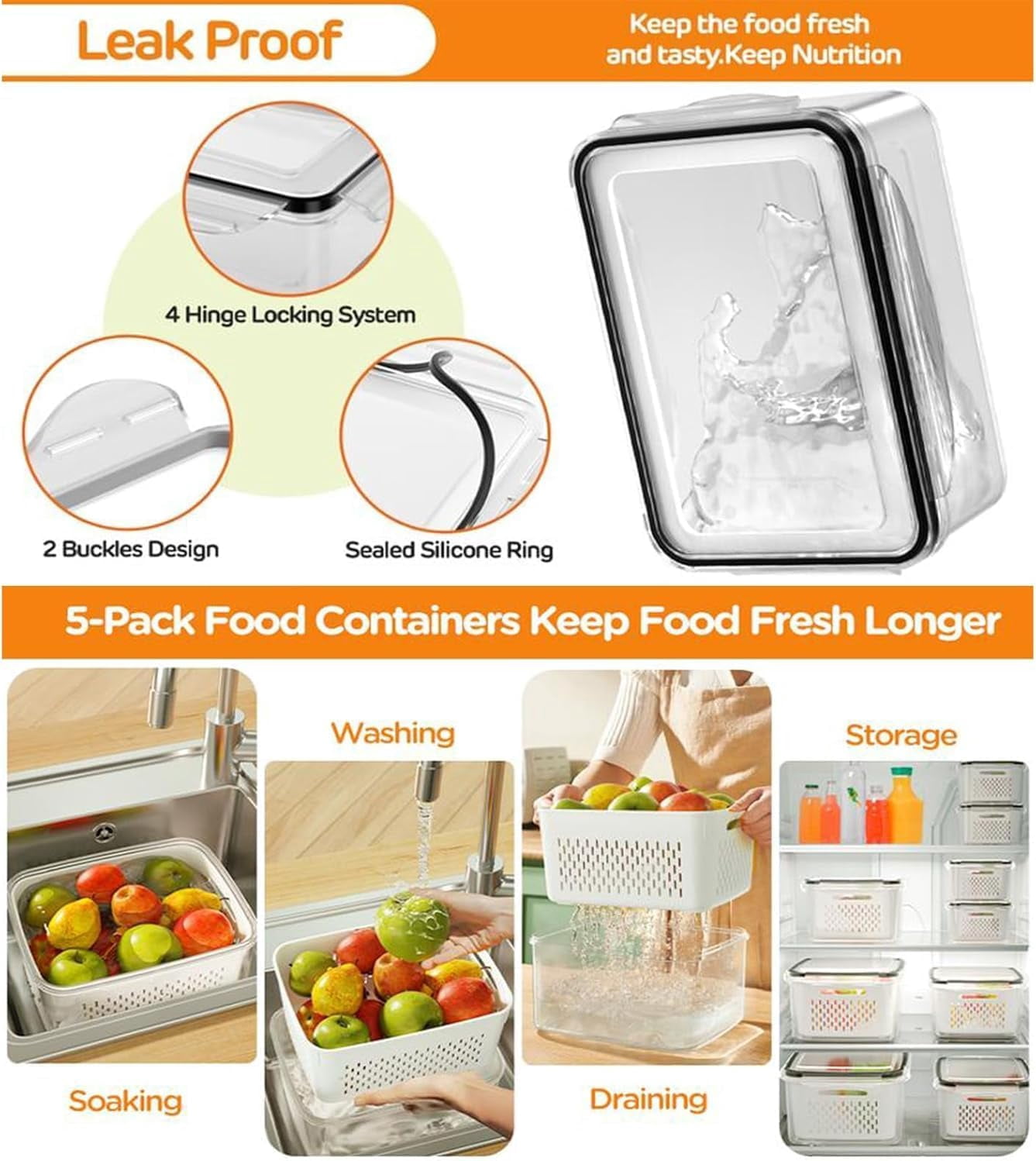 4 in 1 Food Storage Container for Fridge with Removable Colander,Household Plastic Food Storage Box,Airtight Produce Saver for Fruit,Vegetables