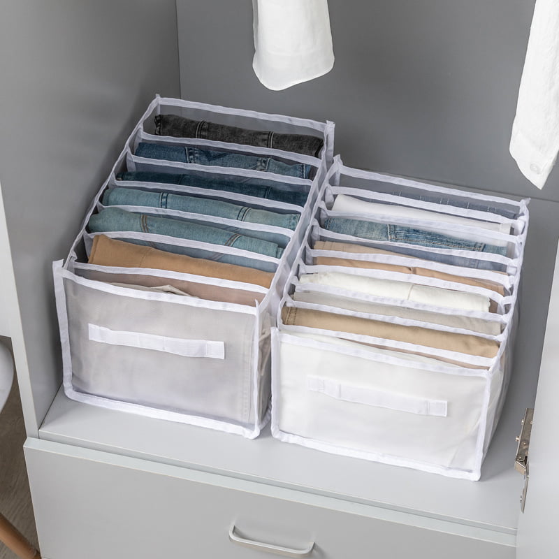Jeans Compartment Storage Box 2pcs Grey Clothes Drawer Mesh Separation Box 7 Grid Folding Drawer Organizers Stackable Wardrobe Storage 
