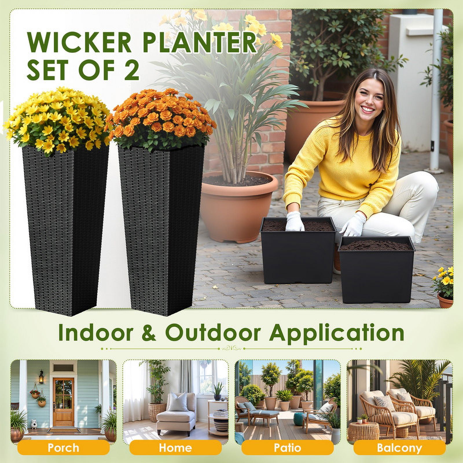 Homall 2-Pack 32" Tall Outdoor Plastic Planters with Inside Pots, Rattan - Patterned for Patio Decor