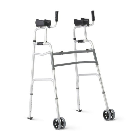 Medline Upright Folding Walker for Seniors, 5-In Wheels, 300 lb Weight Capacity, Aluminum, Silver