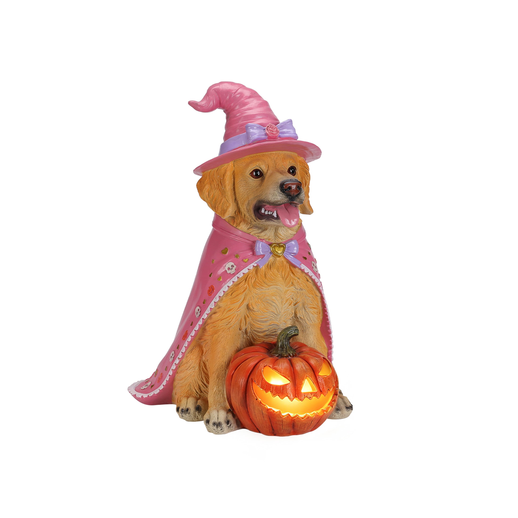 Noble House Halloween Golden Retriever Witch Puppy Figurine with Pumpkin Lantern, Decorative Statue, Brown