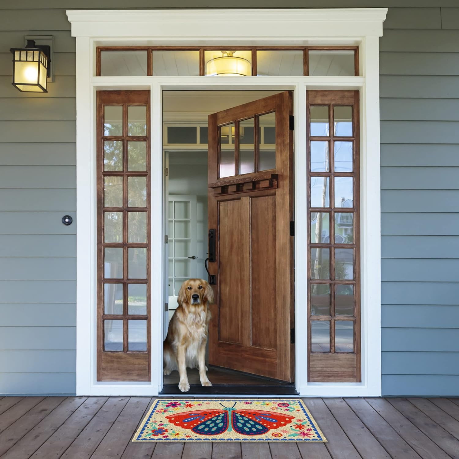 Natural Coir Doormat Outdoor Welcome Mat, 17x29, Folk Butterfly