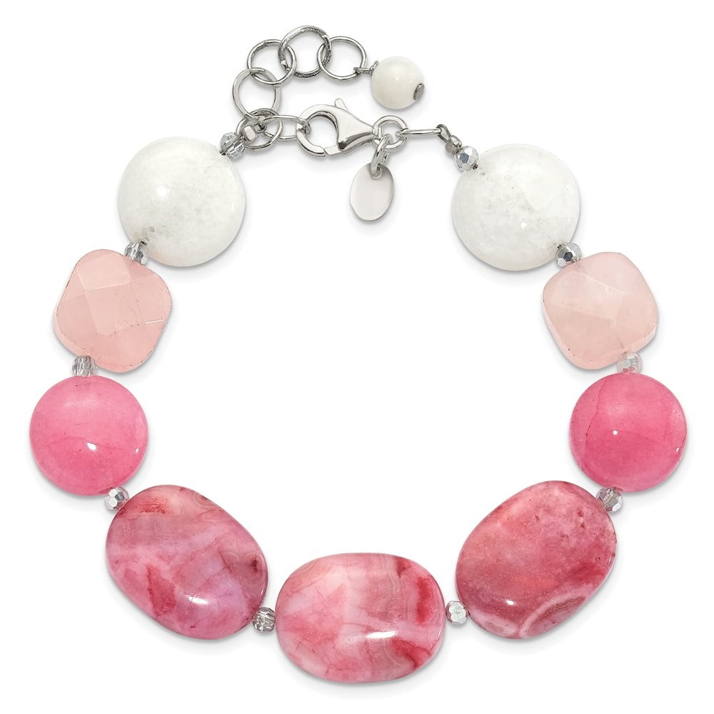 Diamond2Deal 925 Sterling Silver Pink Agate, Pink/Jade/Rose Quartz/Crystal Bracelet for Women 9.5"