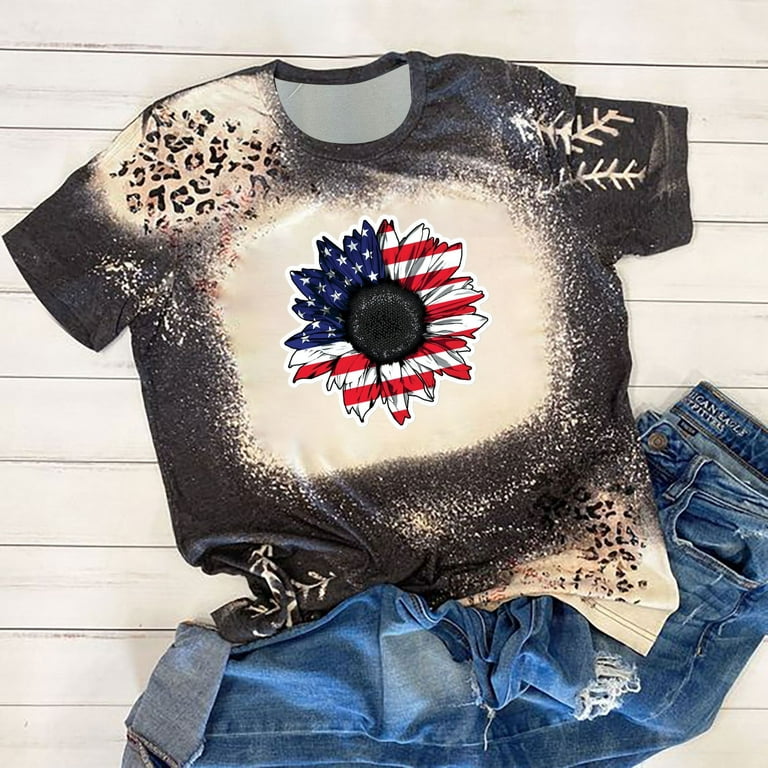 Wycnly Womens Shirts Independence Day Patriotic Tops 4th of July Tie Dye  Pullover Summer Short Sleeve Round Neck Ladies Sunflower USA Flag Print  Tops