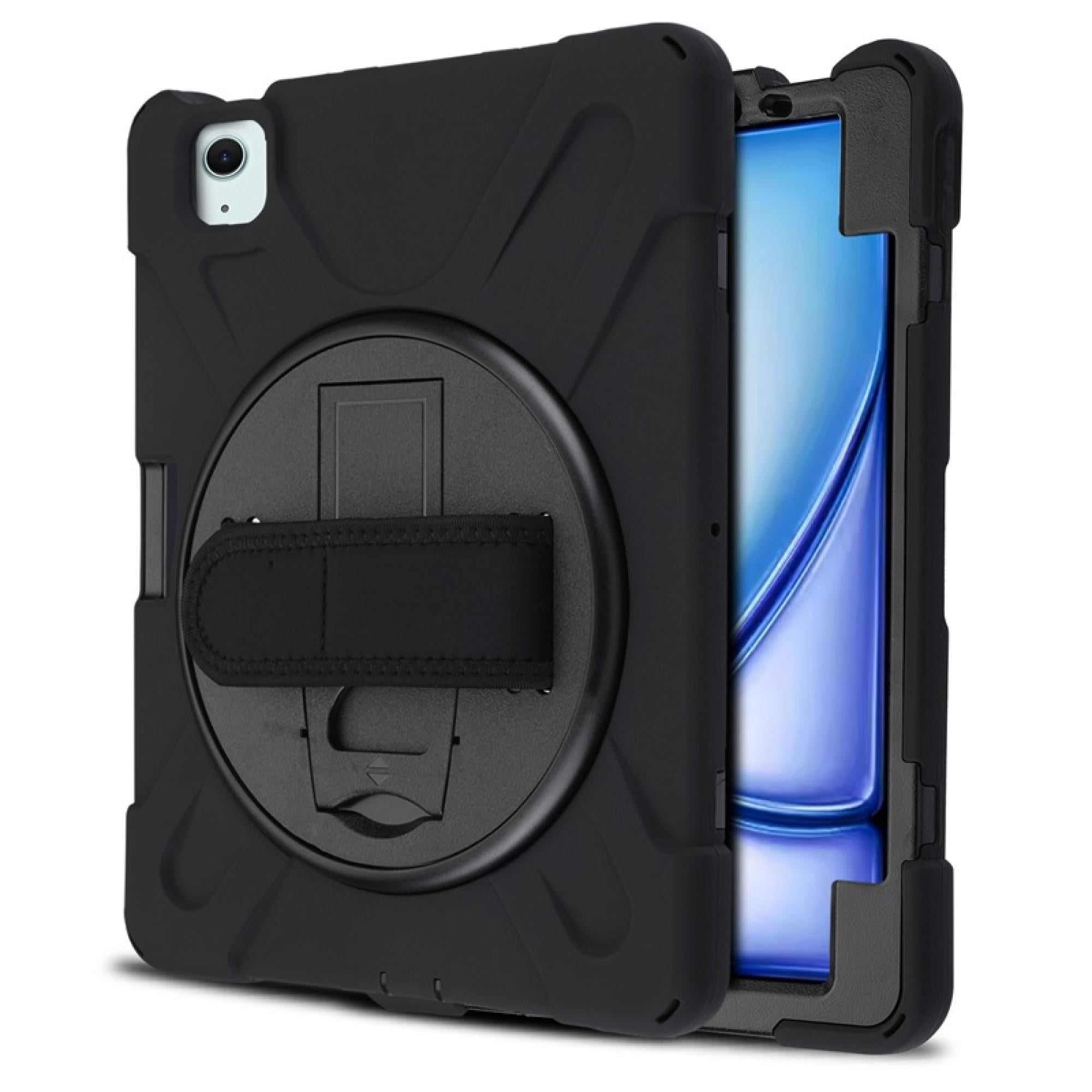 Rugged Case Compatible with iPad Air 11 in (2024/2025) – 360° Rotating Stand & Hand Strap Plus Tempered Glass Screen Protector Search Resistant