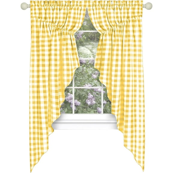 Serenity Home Country Gingham Buffalo Check Plaid Gathered Swag Kitchen Decor Window Curtain Panel Pair - 72-in. W x 63-in. L (Burgundy)