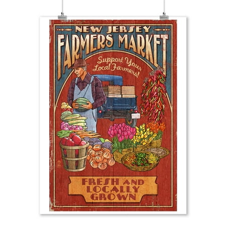 New Jersey - Farmers Market - Vintage Sign - Lantern Press Artwork (9x12 Art Print, Wall Decor Travel (Best Farmers Market In New Jersey)