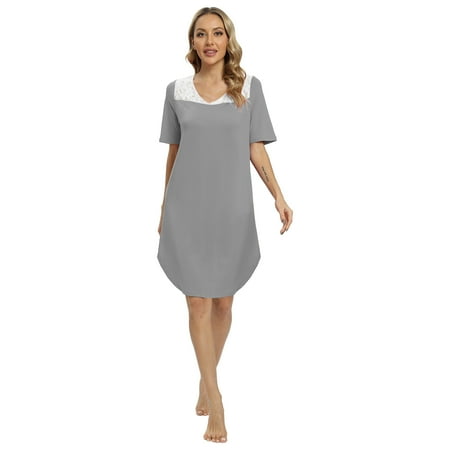 

Baywell Womens Sleepshirt Short Sleeve Lace Nightgown Soft Sleeping Shirts Loungewear Nightshirts Gray S-2XL