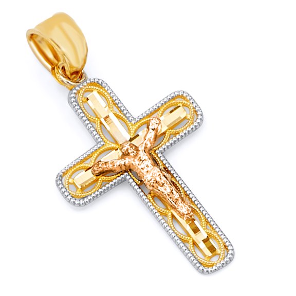 Wellingsale 14K Two 2 Tone Rose and Yellow Gold Polished Milgrain Ornate Religious Catholic Crucifix Charm Pendant