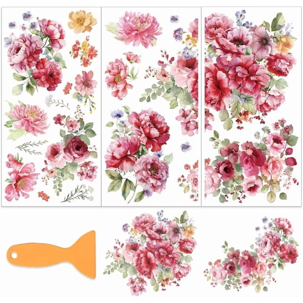 Juego de 3 pegatinas de rosas de acuarela para transferencia de muebles y manualidades, de 15 x 30 cm, con 1 raspador.
