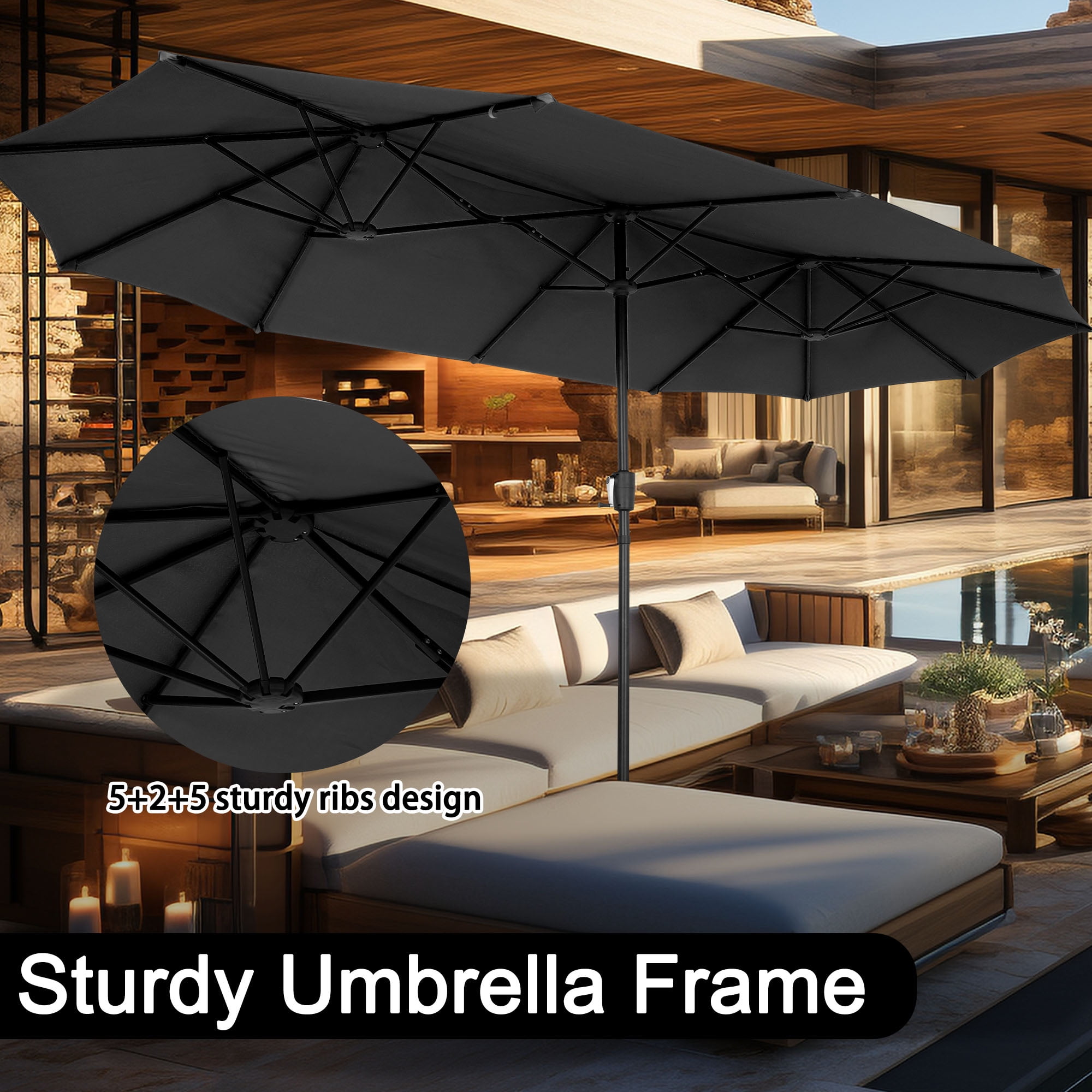 Autlaycil 13ft Rectangle Patio Umbrella with Crank System, Sturdy Ribs for Pool, Yard, Market - Black