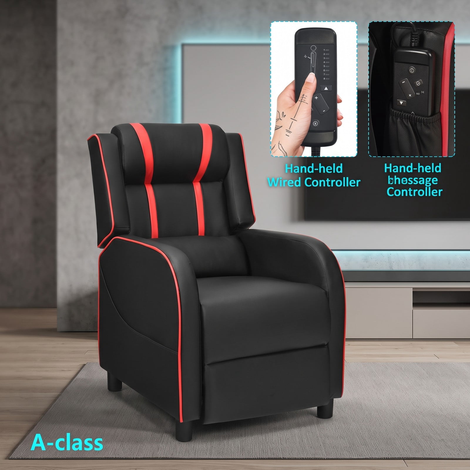 Furnibear Massage Gaming Recliner Chair, Ergonomic PU Leather Racing Style Reclining Sofa with Footrest, Lumbar Massage, Headrest Pillow and Remote for Home, Red