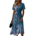 thumbnail image 2 of Minjewel Women's Floral Mini Dress with V-Neck Short Sleeve - Print Summer Dress, Loose Flowy Beach Party Outfit, Comfy Vacation Top,Blue,M, 2 of 6