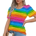 thumbnail image 4 of BiZtdJrK Summer Top for Women Casual Crewneck Short Sleeve Tshirts Fashion Rainbow Print Pleated Tunic Blouse Loose Hem Shirt Multicolor L, 4 of 8