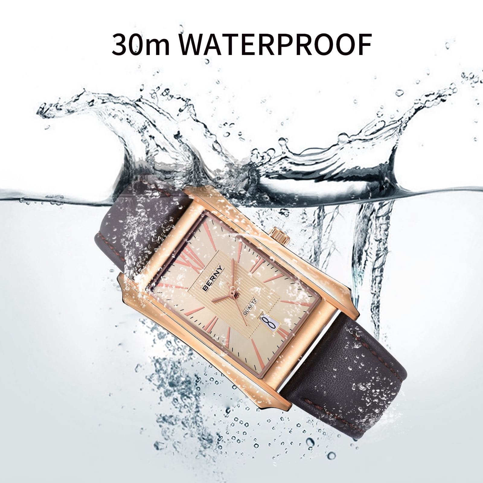 BERNY Men's Leather Watch, Vintage Stainless Steel Rectangular Case Roman Dial Dress Analog Watch with Date Calendar, Waterproof, Classic Business Quartz Wrist Watches for Men (Rose Gold)