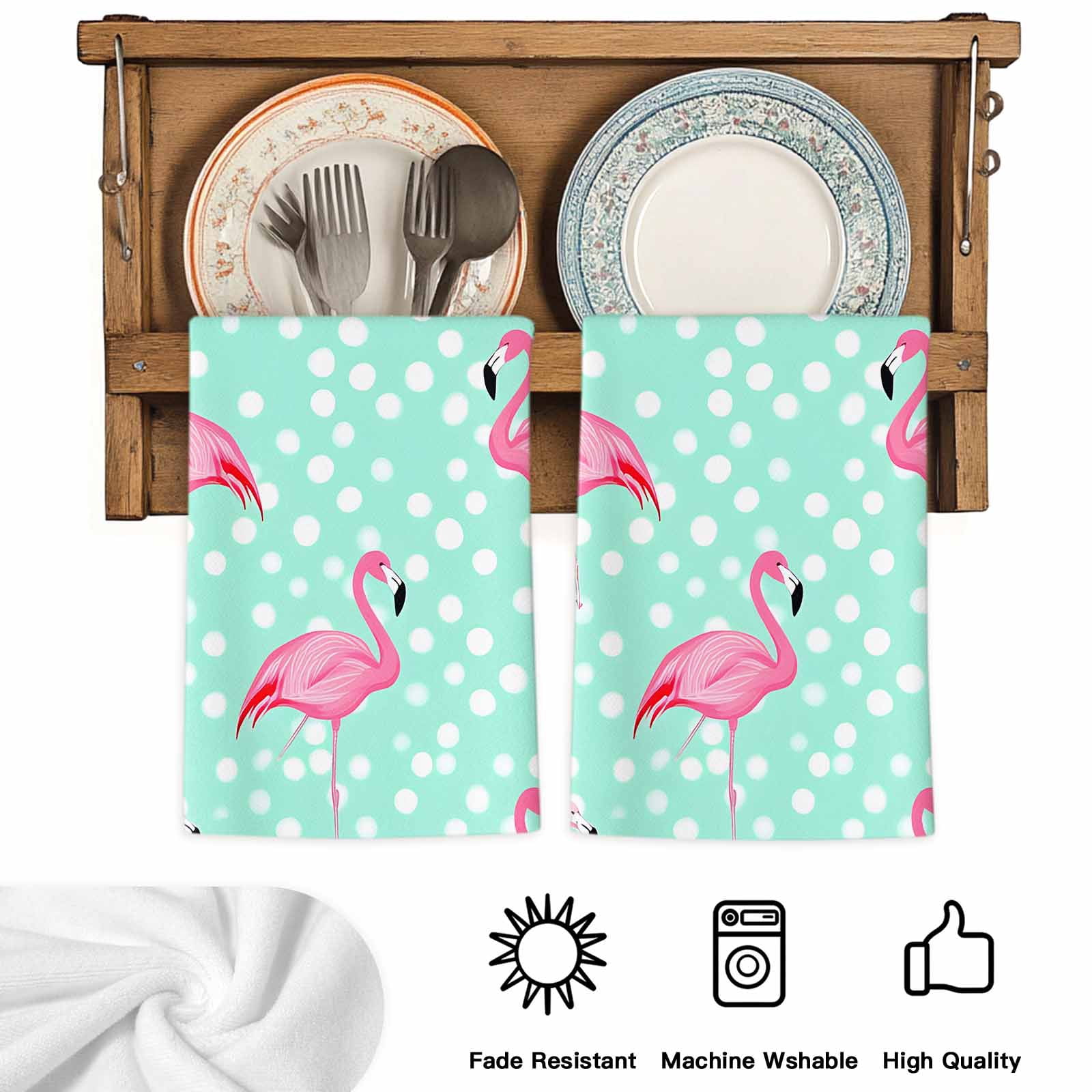Green Flamingo Kitchen Towels Set of 2, Polka Dot Modern Art Absorbent Dish Towels for Kitchen, Microfiber Hand Towel, Quick Drying Tea Towel for Cleaning Decorative Dishcloths