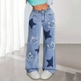 thumbnail image 2 of Kids Girls Star Print Denim Jeans Full Length Straight Leg Loose Fit Wide Leg Casual Trousers Fall Fashion Comfortable Denim Bottoms Blue 6 Years-7 Years, 2 of 5