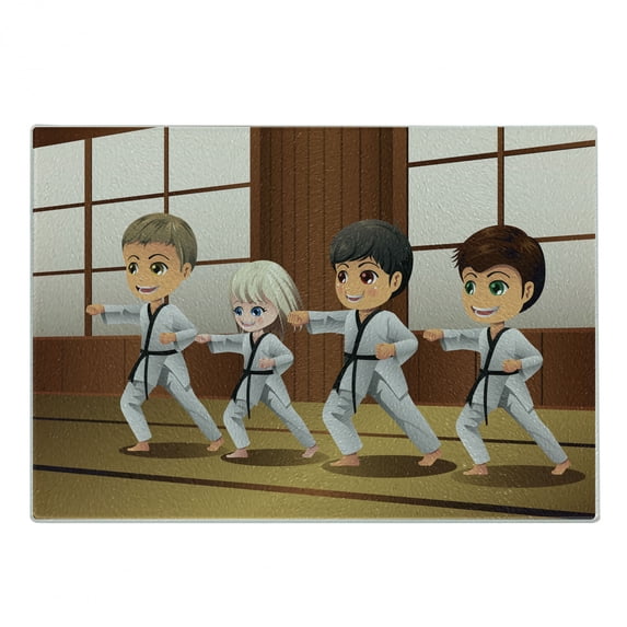 Karate Cutting Board, Children Practicing Self Defence Martial Arts in Dojo Funny Graphic, Decorative Tempered Glass Cutting and Serving Board, in 3 Sizes, by Ambesonne
