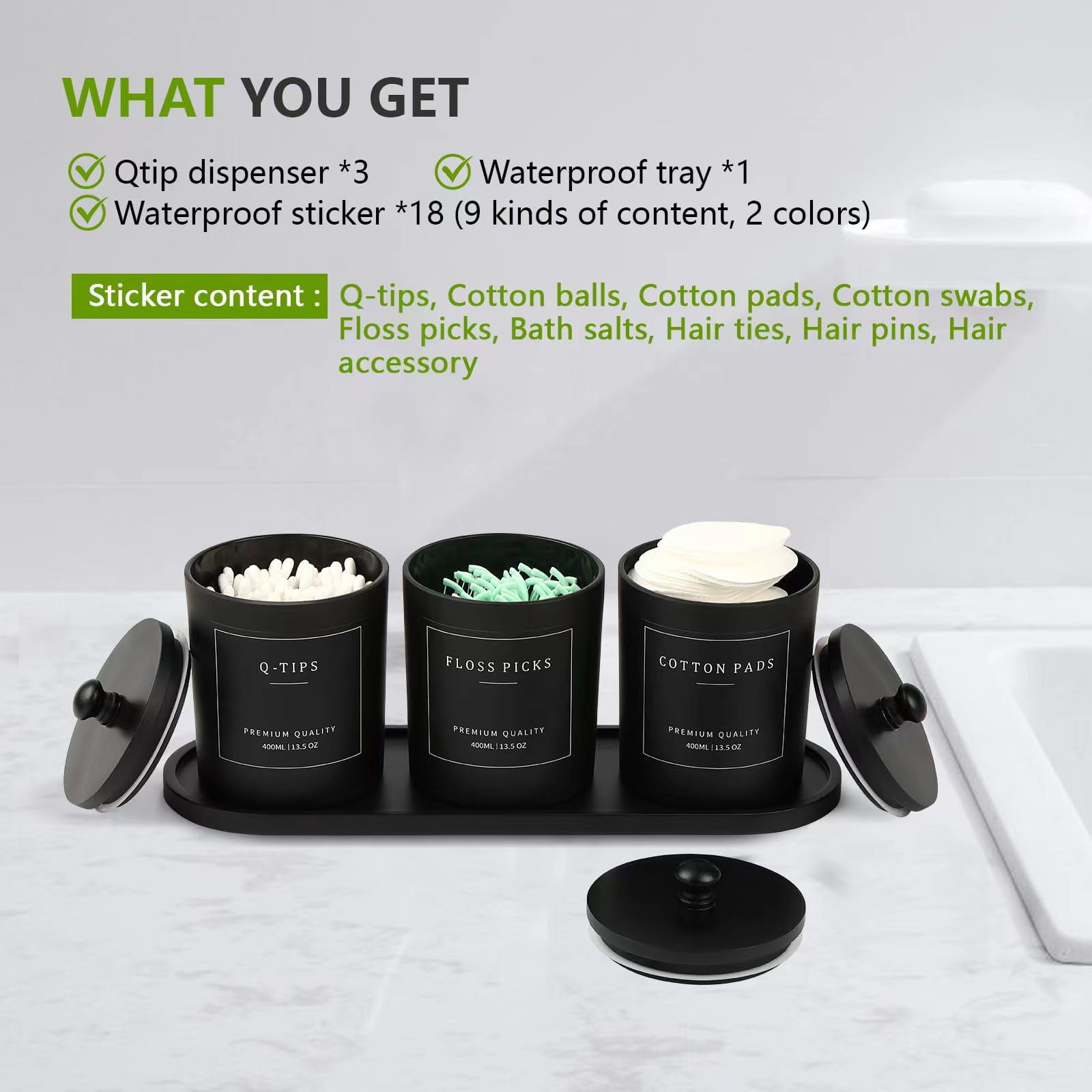 3 Pack Qtip Holder - Bathroom Organizers And Storage  Cotton Round Swab Ball Dispenser With Tray Glass Jars Lids Floss Pick Containers -black Black