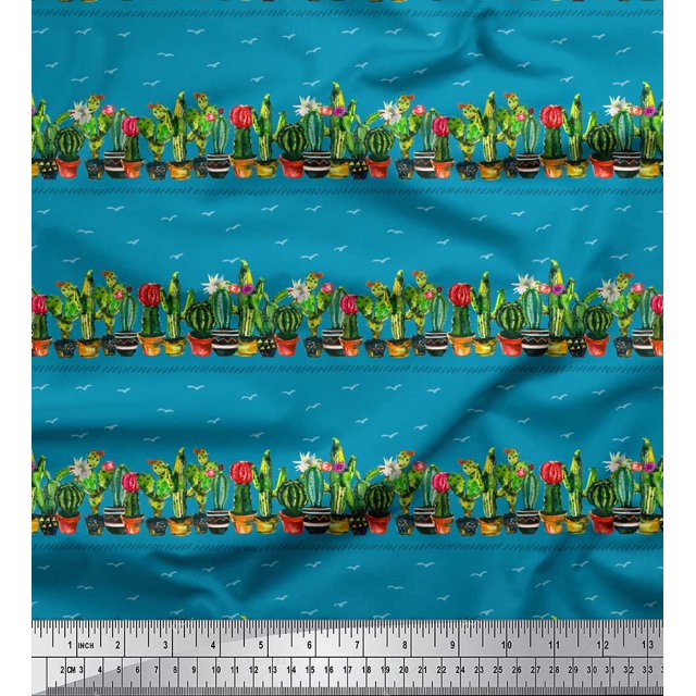 Soimoi Blue Heavy Satin Fabric Cactus With Conical Pot Tree Print Fabric by the Yard 56 Inch Wide