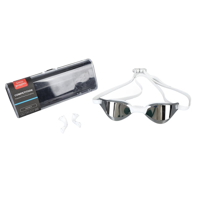 Gafas de natación a prueba de fugas y sin costuras con protección UV, lentes de alta definición para carreras, marco blanco plateado