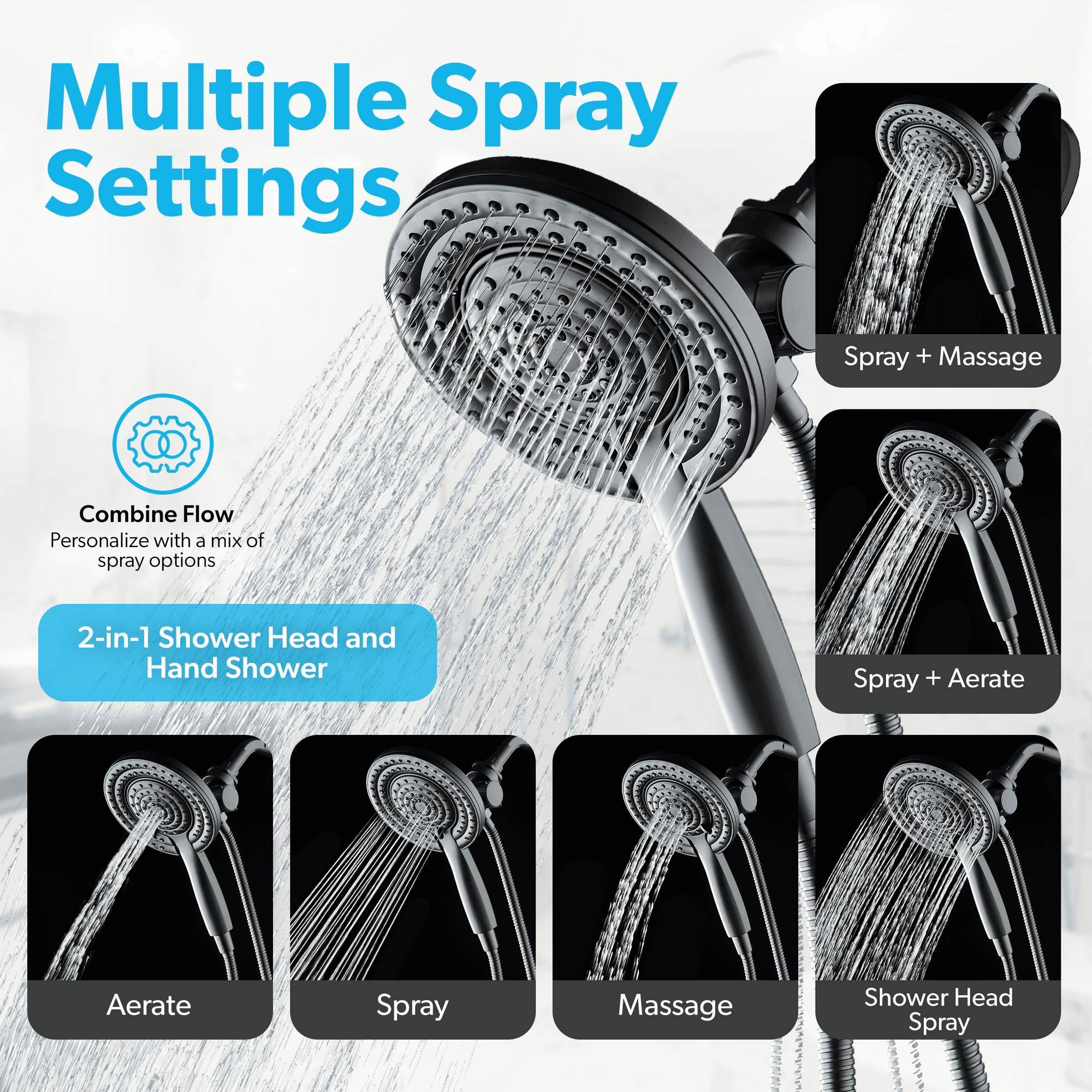 BLACK+DECKER Dual Shower Head with 5 Spray Settings and Detachable Wand and Stainless Steel Hose, Black