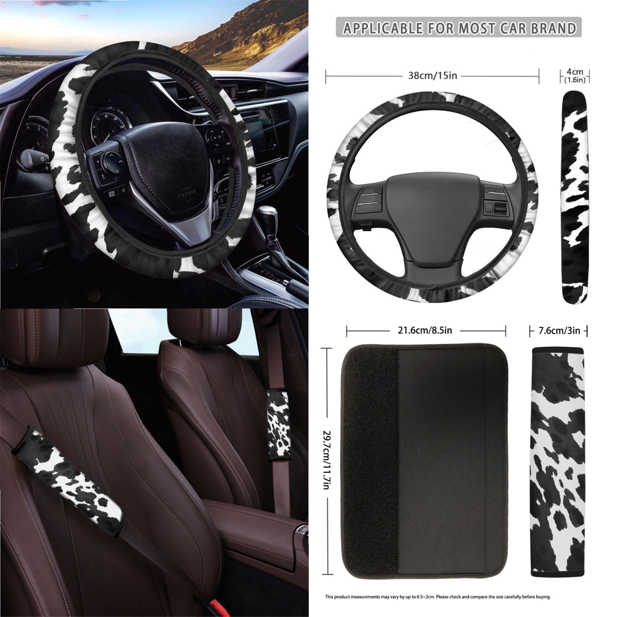 Yuyamidu Cow Print Car Seat Cover for SUV Truck Sedan Steering Wheel Cover Seat Belt Strap Pad Trash Bag Hanging Air Vent Storage Bag Rearview Mirror Accessory Cup Holder Key Chain 15 Pieces