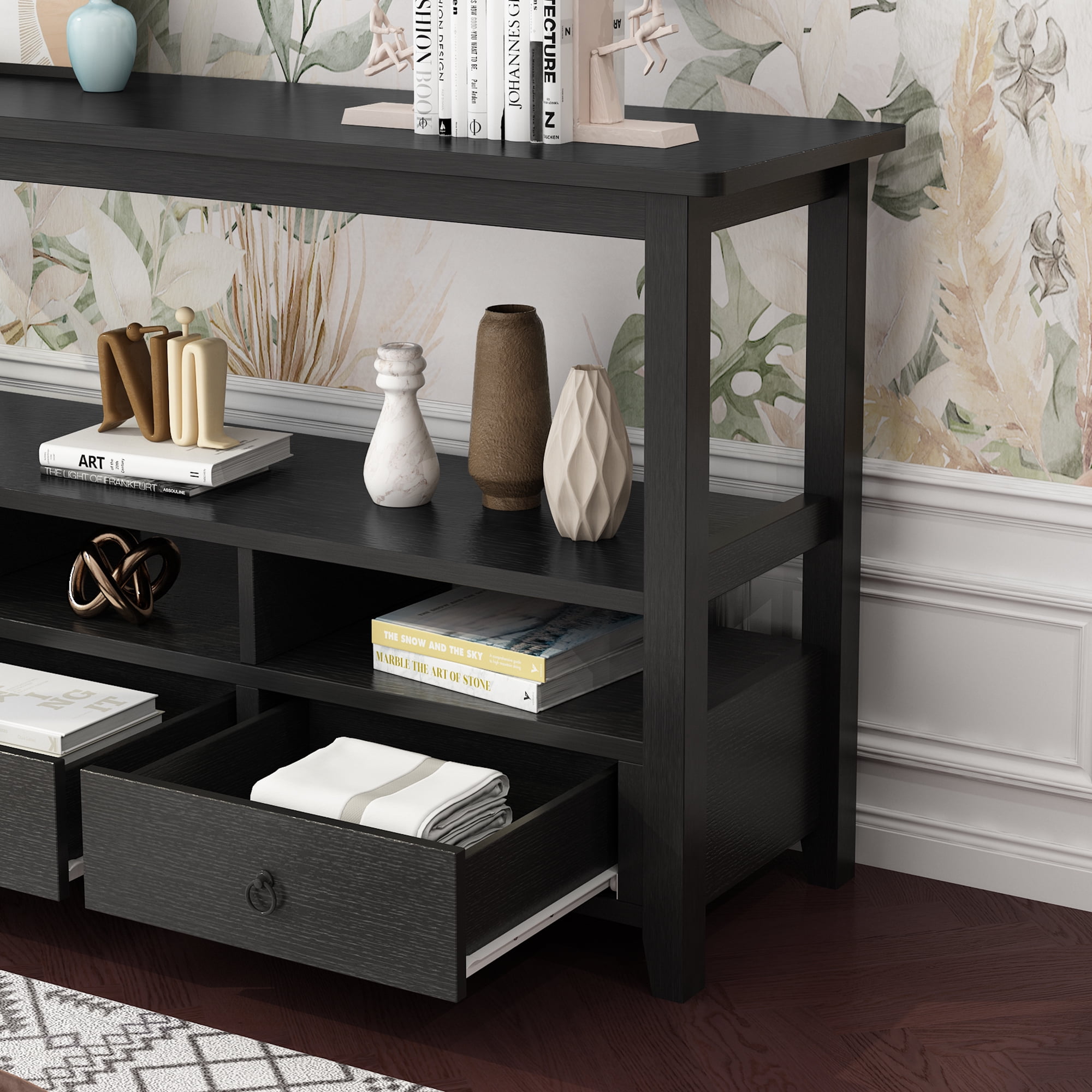 3-Tier Vintage Industrial Console Table with 3 Drawers, Black Wood Entryway Sofa Table for Living Room