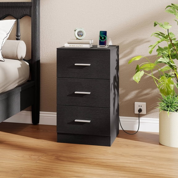 Costway 1 PCS Nightstand with Charging Station, 3 Storage Drawers for Bedroom, Living Room Black
