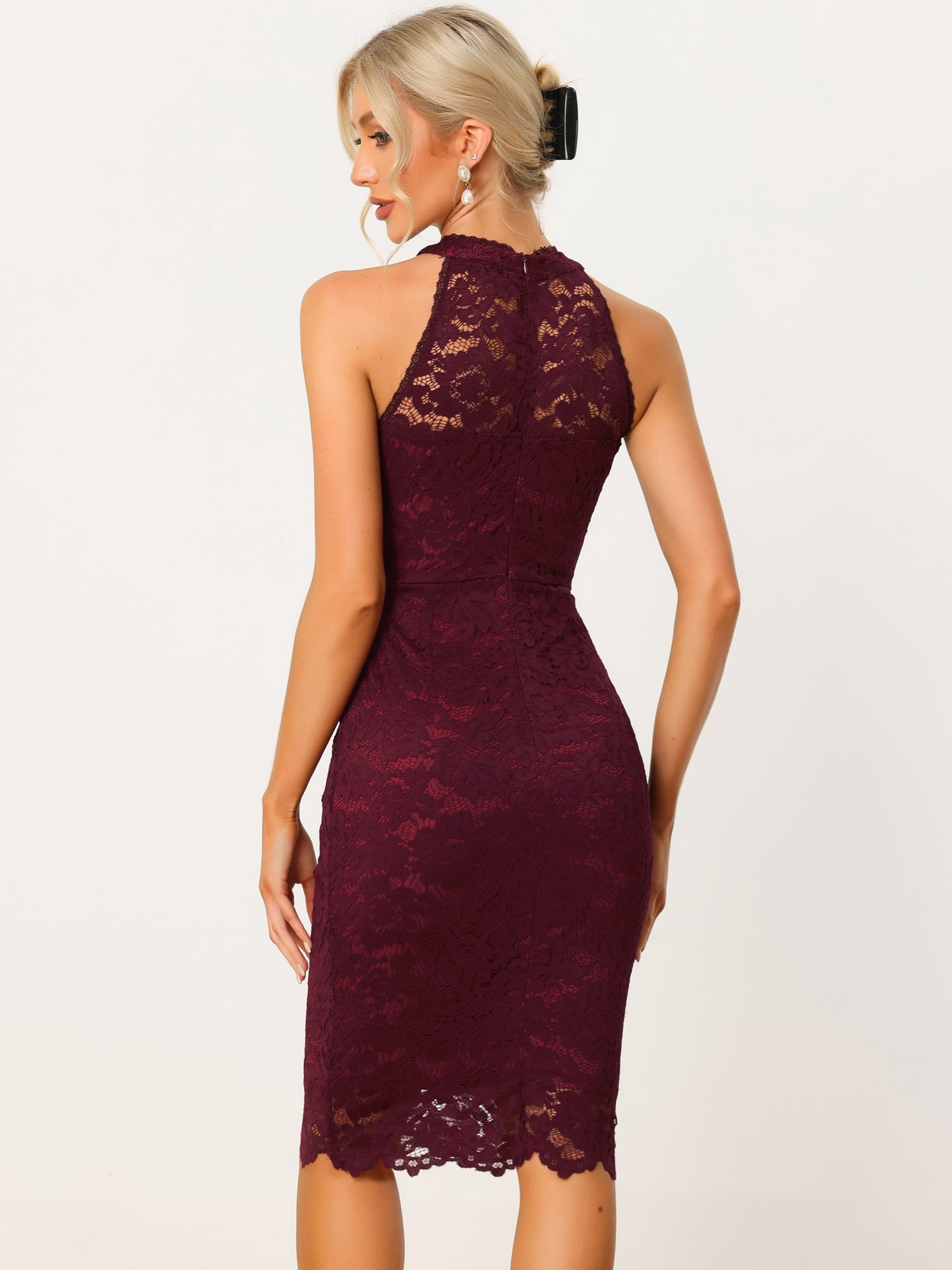 DARING DIVA Lace Halter Neck Sleeveless Bodycon Cocktail Sheath Dress XL Burgundy