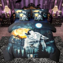 Manfei Western Magic Wolf Bedding Comforter Set 7pcs for Kids, Psychedelic Moon Sun Queen Bedding Sets, Rustic Jungle Reversible Queen Sheet Sets, Breathable Home Decor