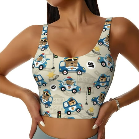 Jgfou Animals Driving Police Car Print Womens Sports Bra - Padded Workout Sports Bras Crop Tank Top