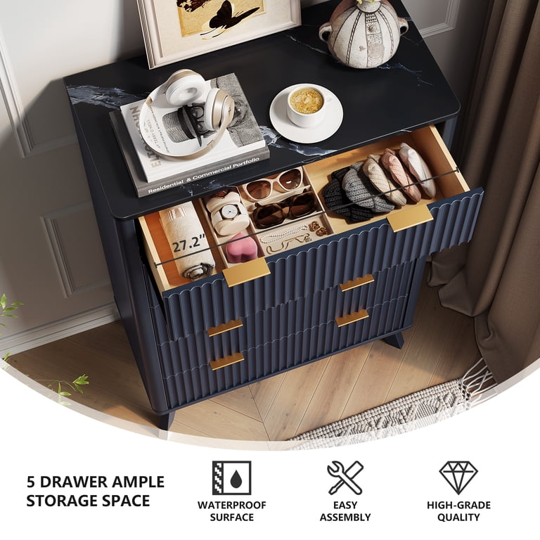 KeyWhat Fluted Dresser for Bedroom, Modern Wooden 6 Drawer Dresser, Storage Cabinet Chest of Drawers for Living Room, White Alder
