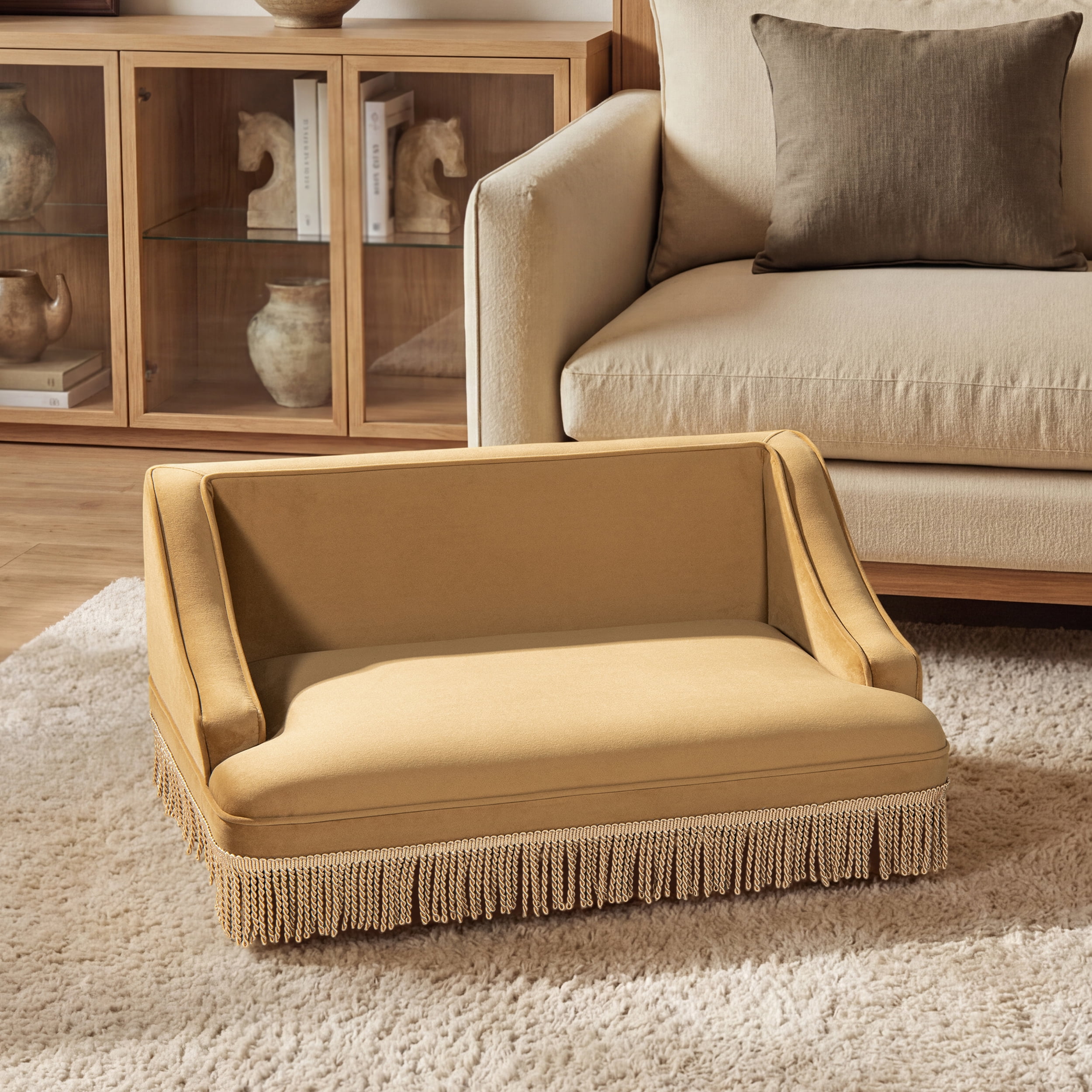 33" Medium Princess Pet Bed Sofa with Fringe Skirt, Gold Yellow Performance Velvet