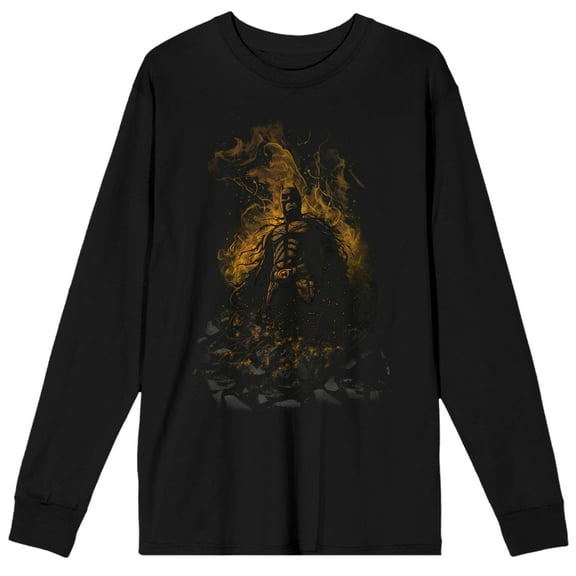 Dark Knight Trilogy Batman in Flames Men's Black Long Sleeve Shirt-XXL