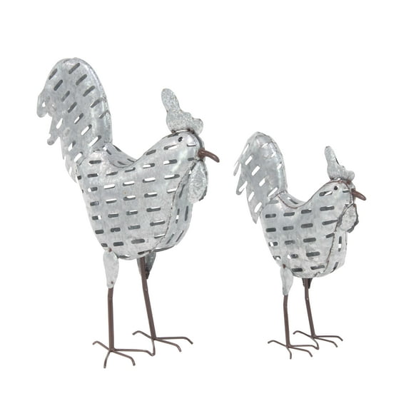 DecMode Set of 2 Farmhouse Iron Standing Rooster Sculptures, Gray