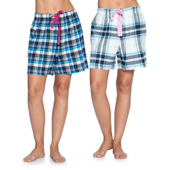 Ashford & Brooks Women's 2 Pack Soft Flannel Plaid Pajama Lounge Sleep Shorts Bottoms