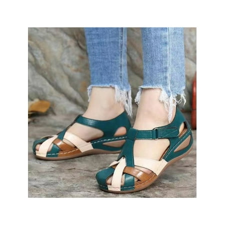 

LUXUR Womens Hollow Closed Toe Sandals Summer Ankle Strap Wedge Vintage Platform Shoes