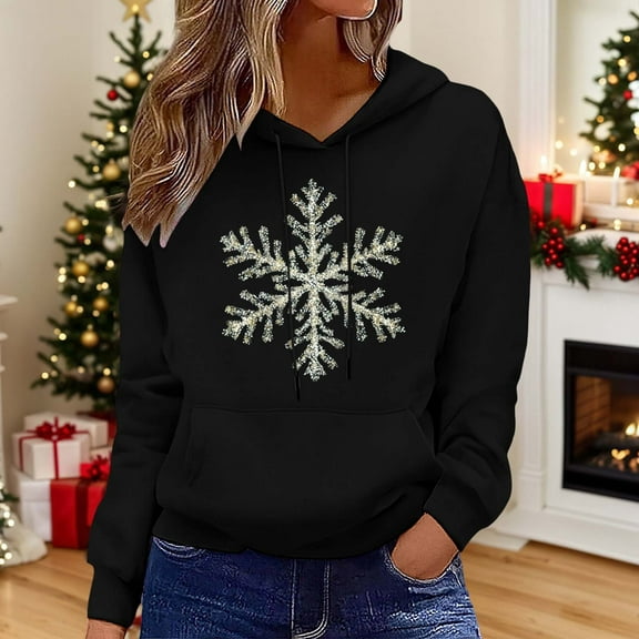 Christmas Sweatshirts for Women 2025 Women'S Hooded Hoody Long Sleeve Drawstring Print Oversized Fall Pocket Tops Women Hoodies Black L