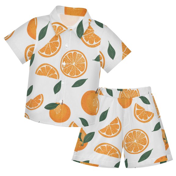 Orange Pattern Boys' Hawaiian Shorts Sets Button Down Shirts 3T-10Y for Beach Vacation