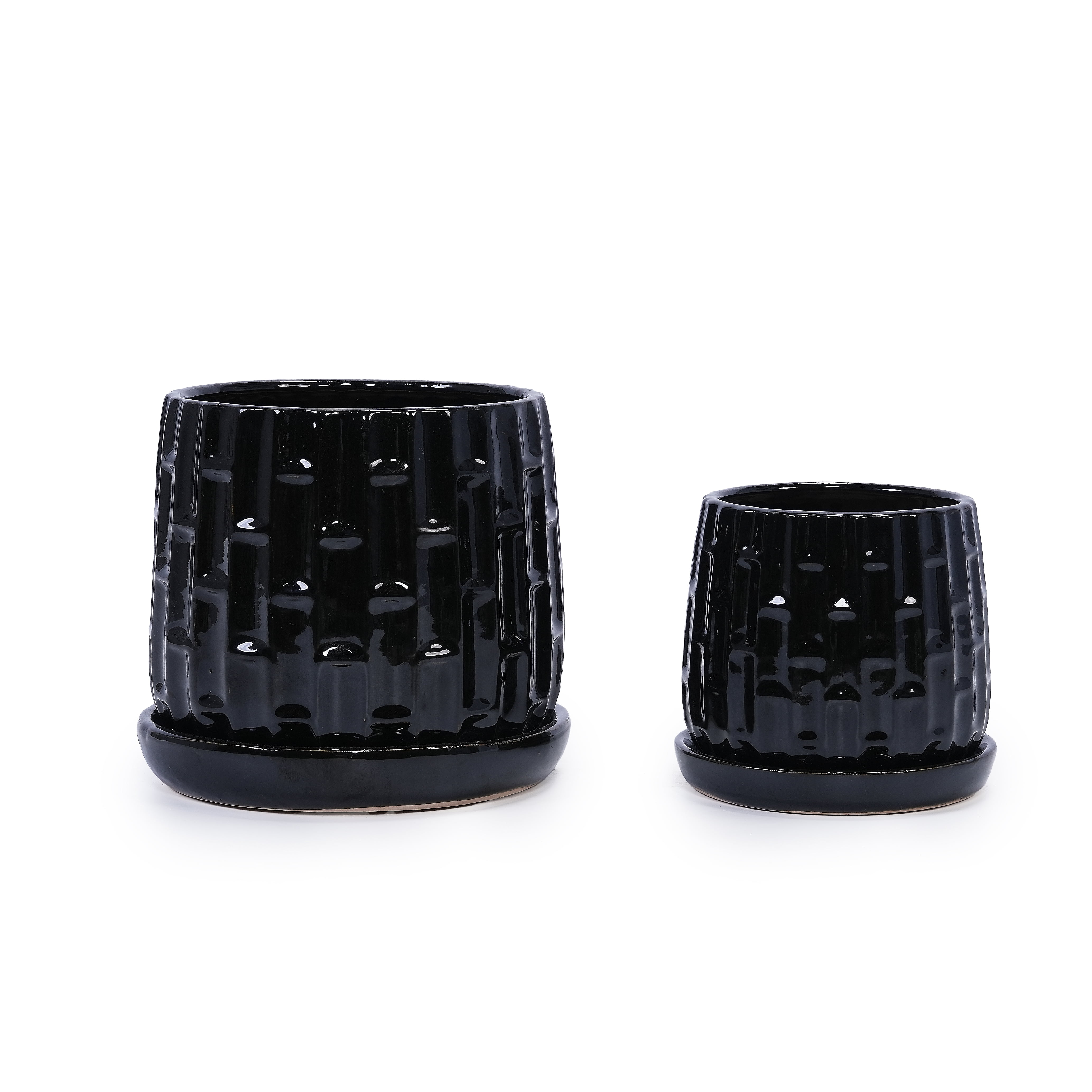 mdj pottery Ceramic Plant Pots, 7 + 5 Inch, Set of 2 Flower Pots with Drainage Hole and Saucer, Bamboo Pattern Planter for Plants Orchids Succulents Indoor/Outdoor, Plant Gifts - Black