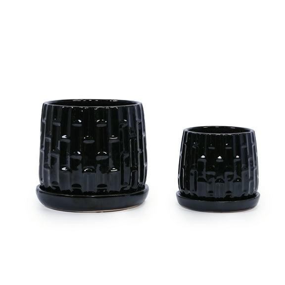 Black Ceramic Planters 2-Pack with Drainage, 7" Modern Planters for Indoor Outdoor Use - All-Weather Garden Planters for Patio Windowsill Decor