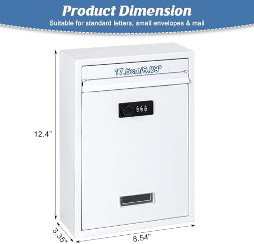 Locking Wall Mount Mailbox, Mail Boxes with Combination Lock for Outside, Security Cash Key Letter Drop Box with Code for House Office School,12.4H x 8.54L x 3.35W Inches, White