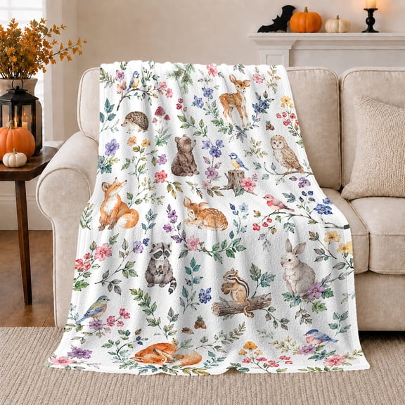 Adorable Woodland Animal Watercolor Scene, Festive Holiday Scene, Warm Flannel Blanket for Living Room and Reading Nook, Art Lovers Friendship Gift, Festive Home Decor