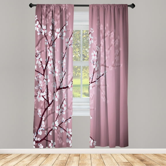Ambesonne Japanese Curtains, Sakura Bloom Spring Season, Pair of 28"x95", Dried Rose