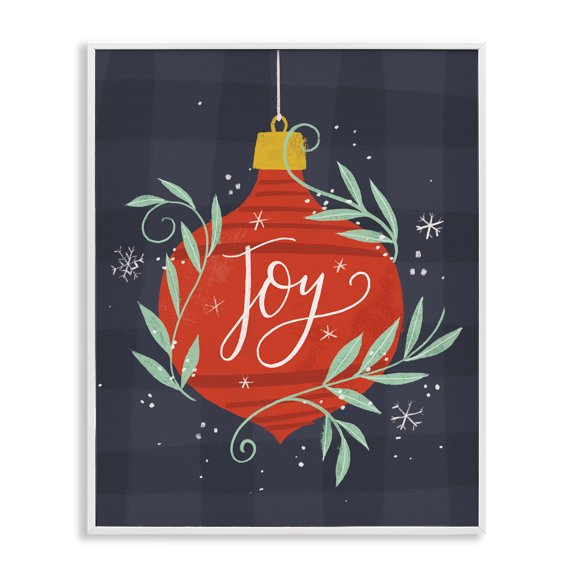 Stupell Industries Farmhouse Joy Sentiment Festive Red Holiday Ornament Grey Plaid White Framed Giclee Art, 11 x 14, by Loni Harris