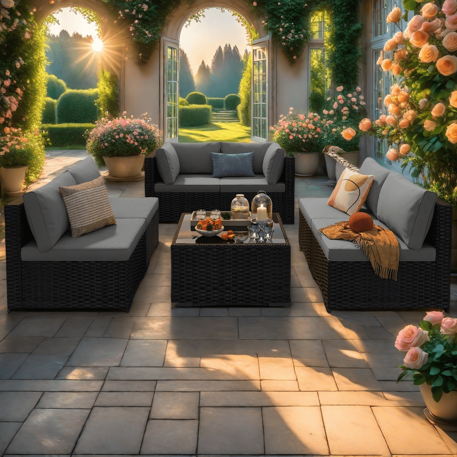 Patio Furniture Set Clearance Lofka Outdoor Sectional Furniture Sofa Set with Tempered Glass Table for Backyard, Garden & Poolside, Gray Cushions