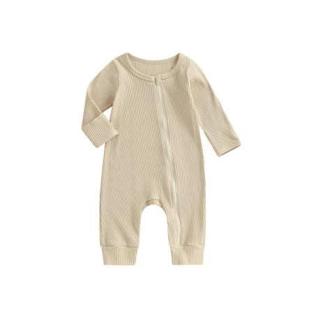 

Genuiskids Baby Girls Spring Autumn Casual Jumpsuit Solid Color Long Sleeve Oblique Zipper Ribbed Romper