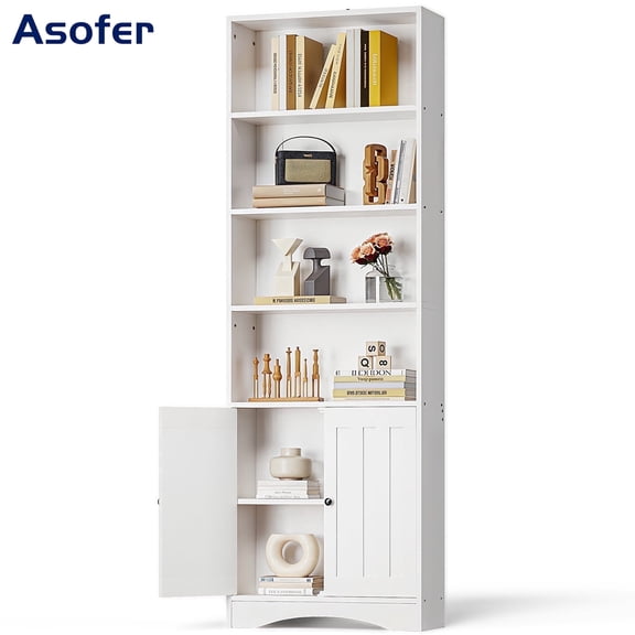 Asofer Wood Bookcase with 4 Open Shelves & 2- Tire Double Door Cabinet, Anti-Tipping Storage Display Bookshelf for Living Room Office